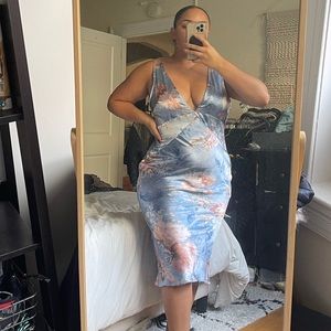 Romantic floral, low-cut, satin midi dress